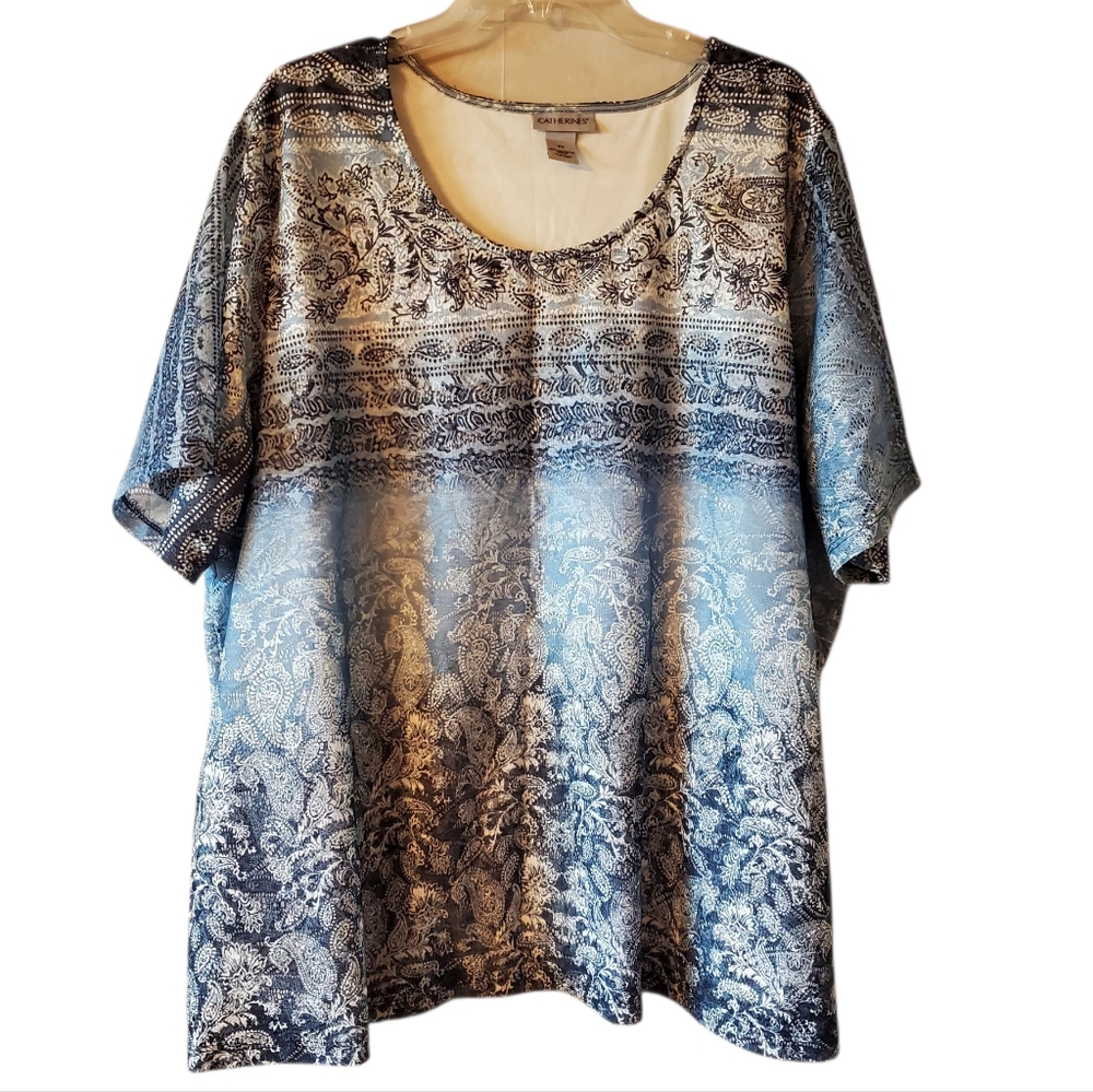 Catherines 3X gradiant Blues Lace overlay Short Sleeve Blouse. Elegant, Dressy